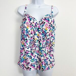 Island Escape Tankini Swim Top Womens 10 White Tropical Floral Bust Support NWT